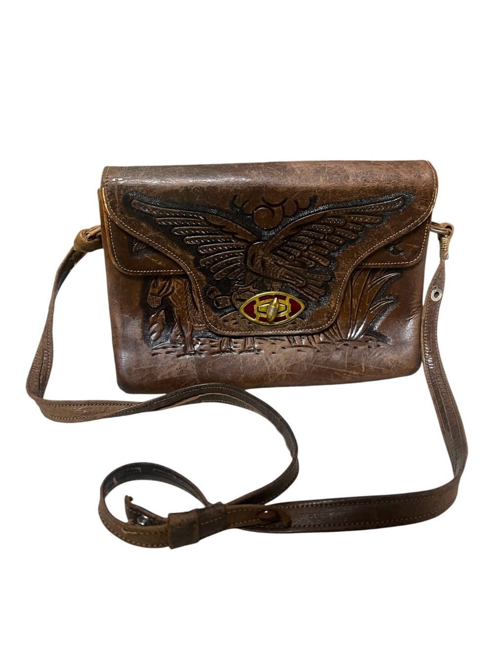 Vintage Mexican Tooled Leather Eagle Aztec Calendar Crossbody Bag Purse